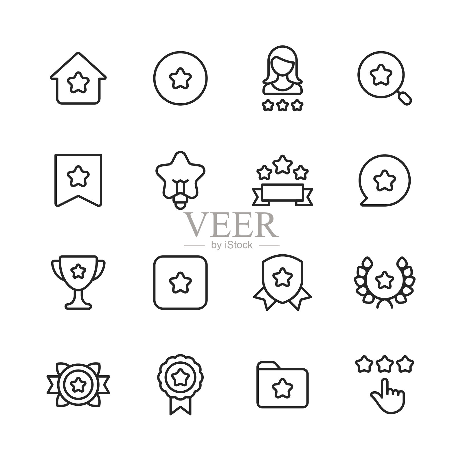 收藏和书签行图标。可编辑的中风。像素完美。移动和网络。包含这样的图标,如明星,家庭,个人资料,评级,搜索,标签,想法,丝带,短信,语音气泡,奖励,成功,盾牌,徽章,审查,反馈。图标素材