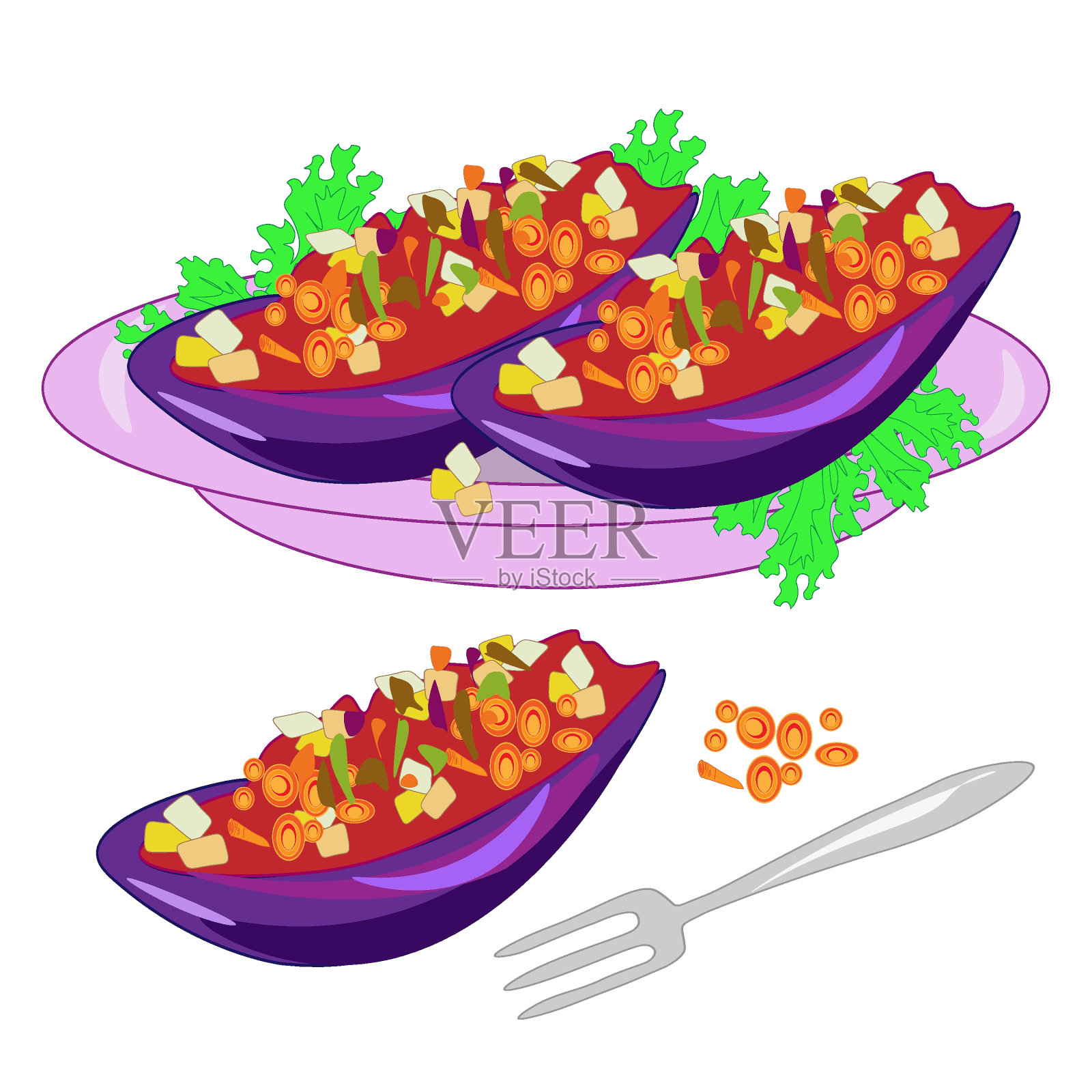 民族菜系菜单上的菜式有烤制蔬菜和烤制鱼类。一套菜单的美味菜肴的传统或民族美食在一个平面卡通手绘插图模板。插画图片素材