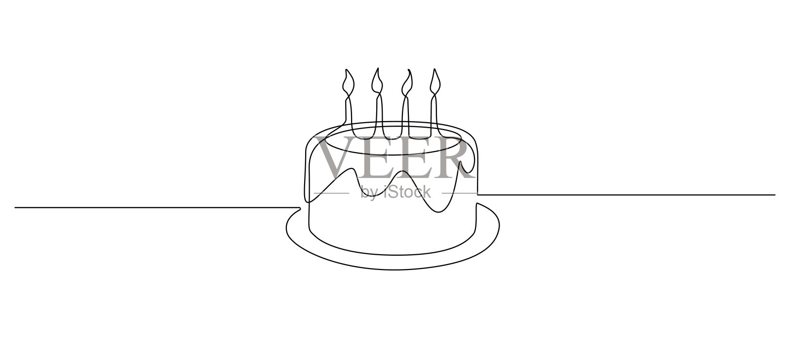 用一条线连续画生日蛋糕和蜡烛。象征甜蜜的庆祝蛋糕和糕点糖果图标概念在简单的线性风格。可编辑的中风。画矢量图插画图片素材