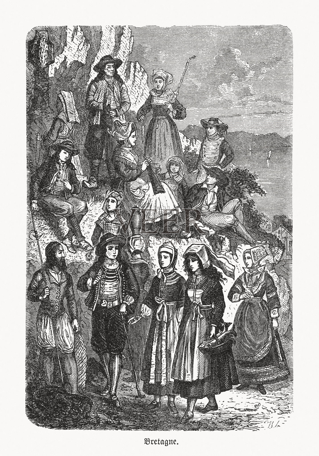 法国布列塔尼的民间服饰,木刻,1893年出版插画图片素材