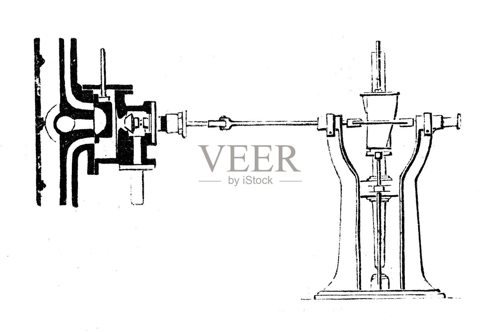 古董插图,应用力学:蒸汽动力机器,配电控制器,迈耶插画图片素材
