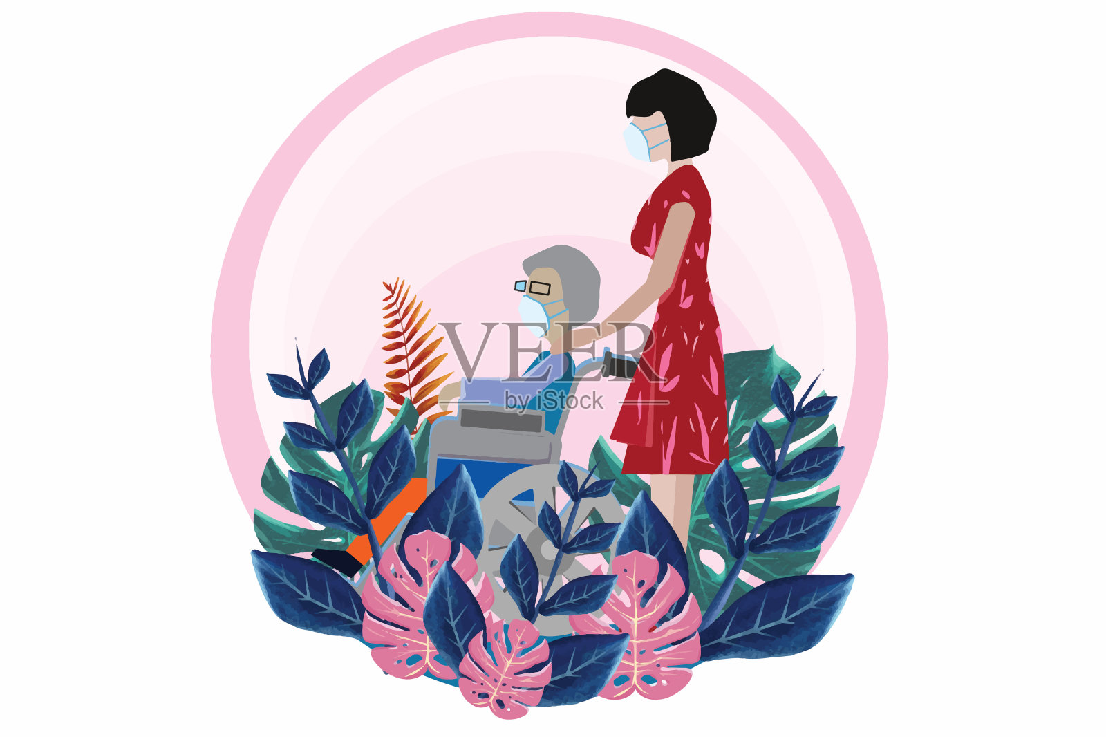 坐轮椅的老妇人和戴口罩的护士插画图片素材