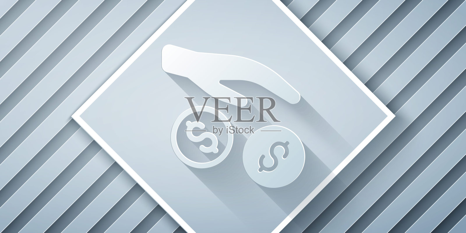 剪纸捐赠和慈善图标孤立的灰色背景。捐钱和慈善理念。纸艺风格。向量插画图片素材