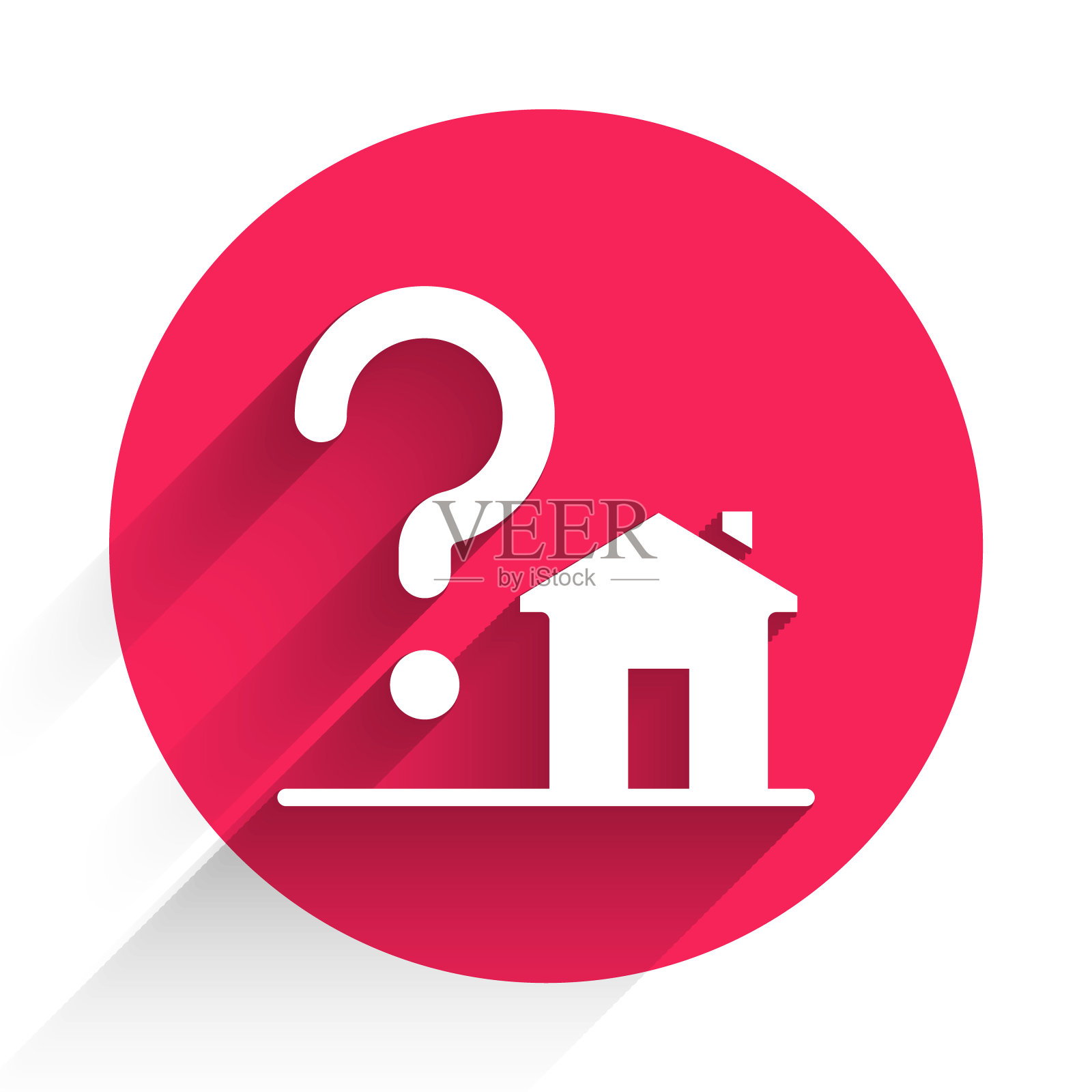 带问号图标的白宫,隔离的长阴影背景。住房问题。红色圆形按钮。矢量插画图片素材
