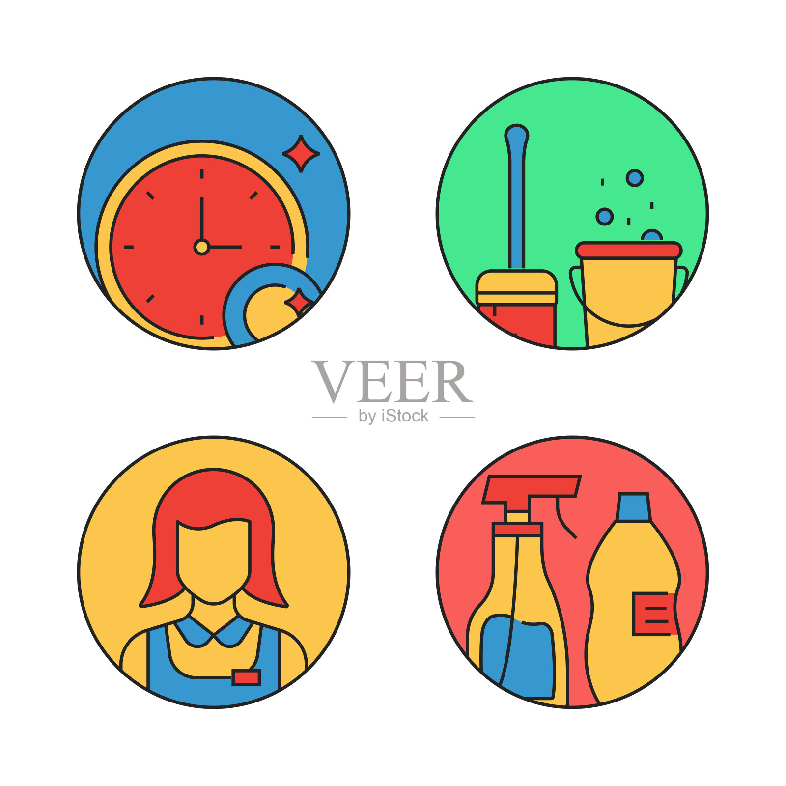 清洁相关的平线图标。向量符号说明。图标素材