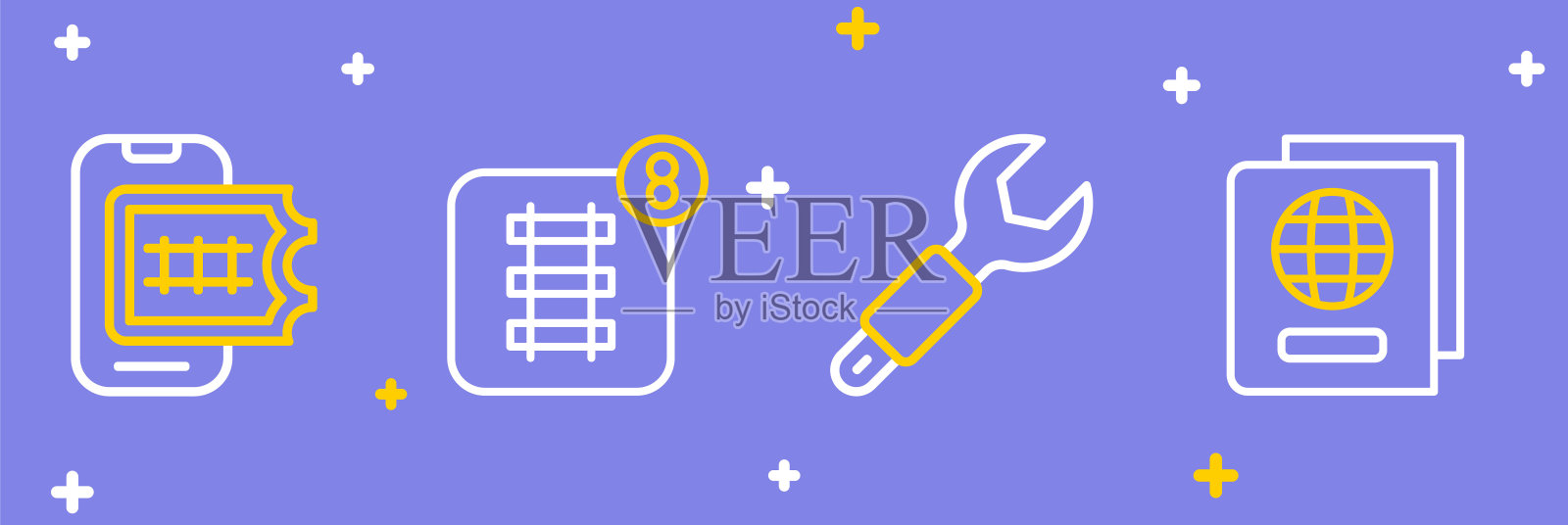 设置线护照,扳手扳手,在线机票预订和图标。向量插画图片素材