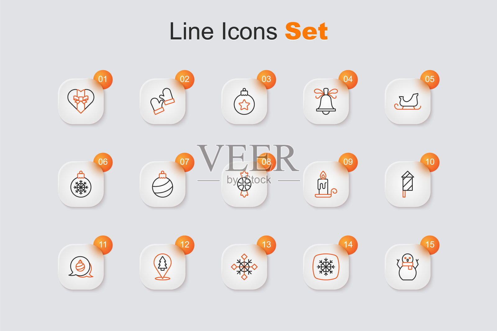 设置线圣诞雪人,雪花,树,球,烟花火箭,燃烧的蜡烛和糖果图标。向量图标素材