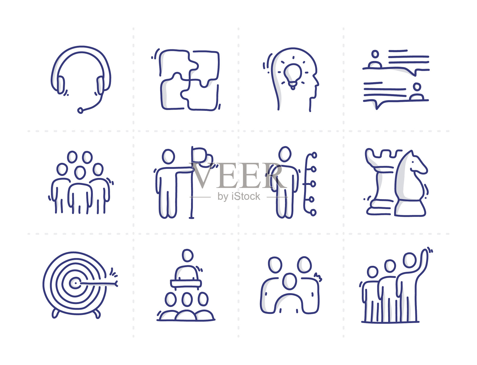 与协作相关的涂鸦矢量线图标的简单设置图标素材