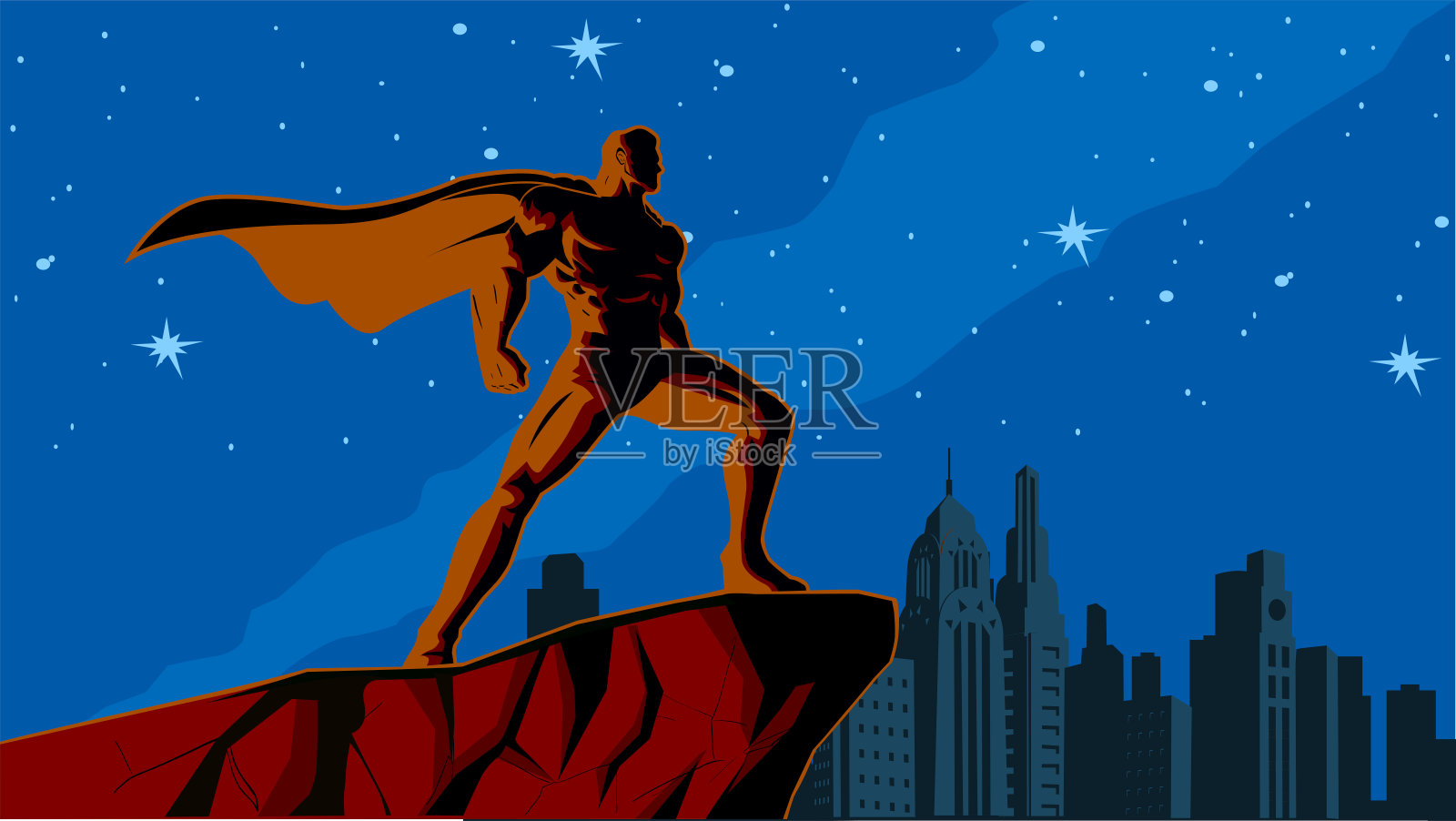 向量超级英雄复古插图与城市天际线背景插图插画图片素材
