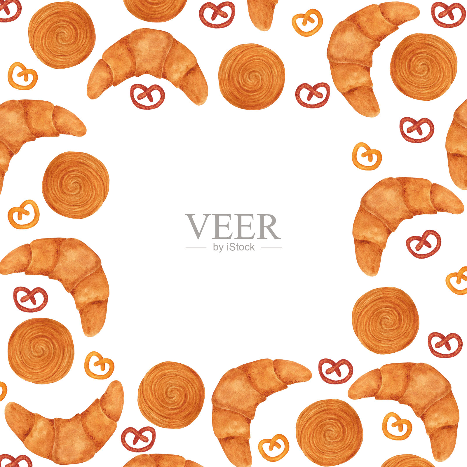 手绘水彩馒头和面包框板。孤立在白色背景上。可用于剪贴簿设计,卡片,标签,横幅和任何印刷产品。插画图片素材