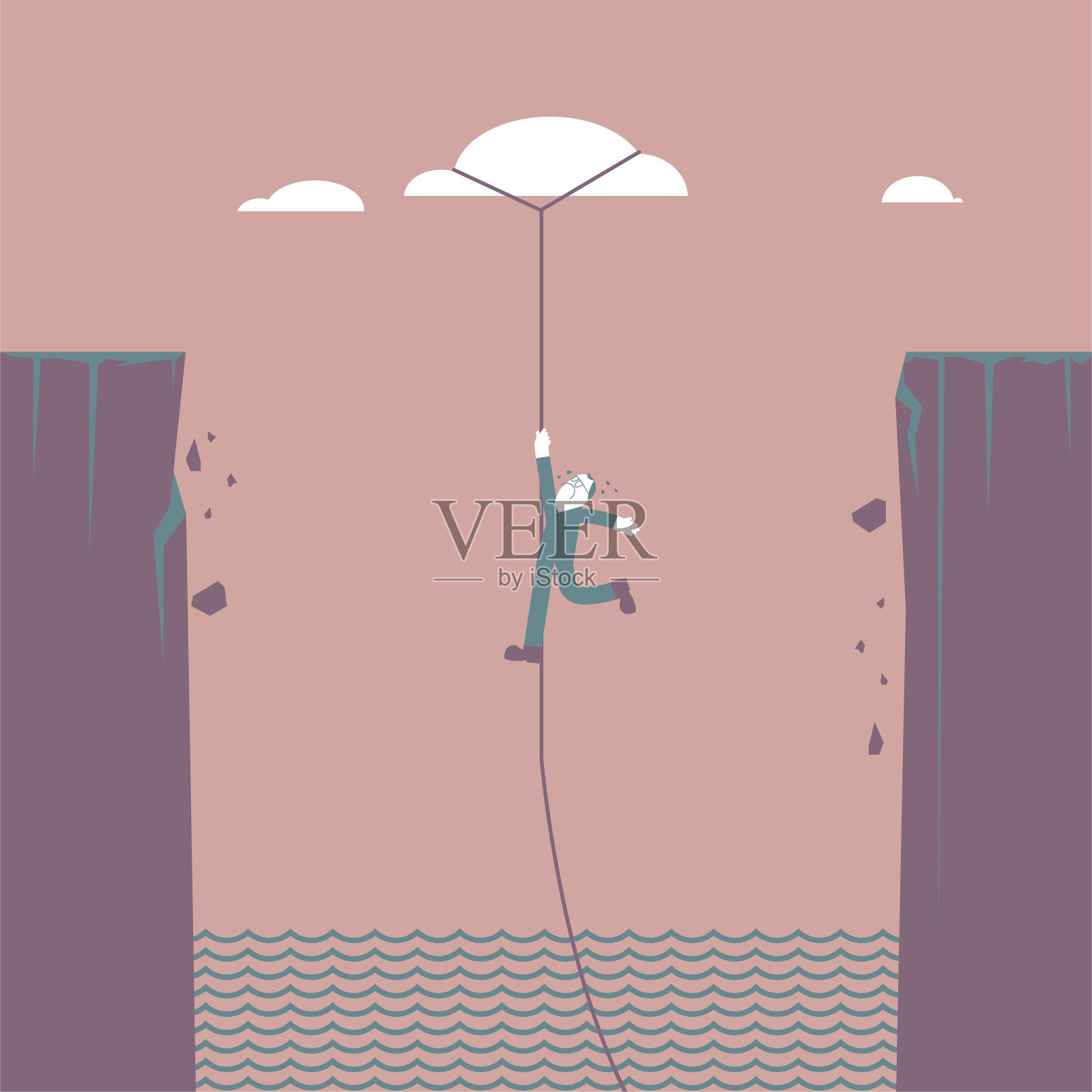 一个商人悬在云端,越过深渊。插画图片素材