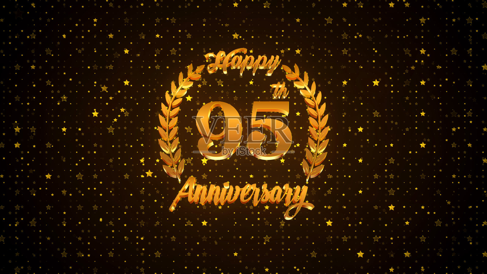 豪华金色闪亮快乐95周年纪念标志上的金棕色星形颗粒闪闪发光的图案插画图片素材