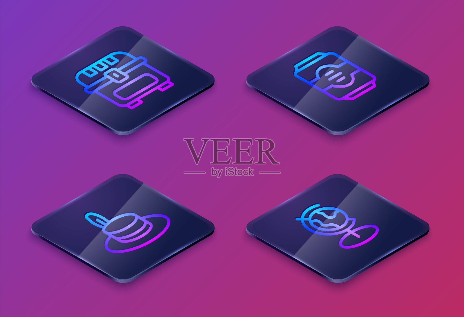 集等距线古董宝箱,人帽,能量饮料和地球球。蓝色方形按钮。向量插画图片素材