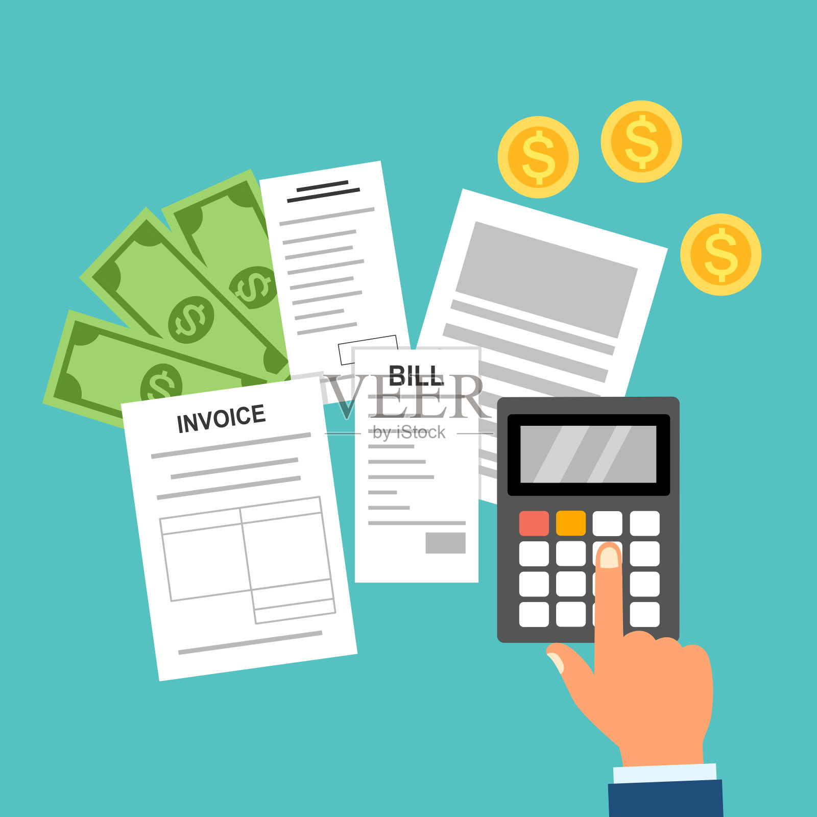 账单计算和支付概念向量。帐单文件,钱和计算器在平面设计。插画图片素材