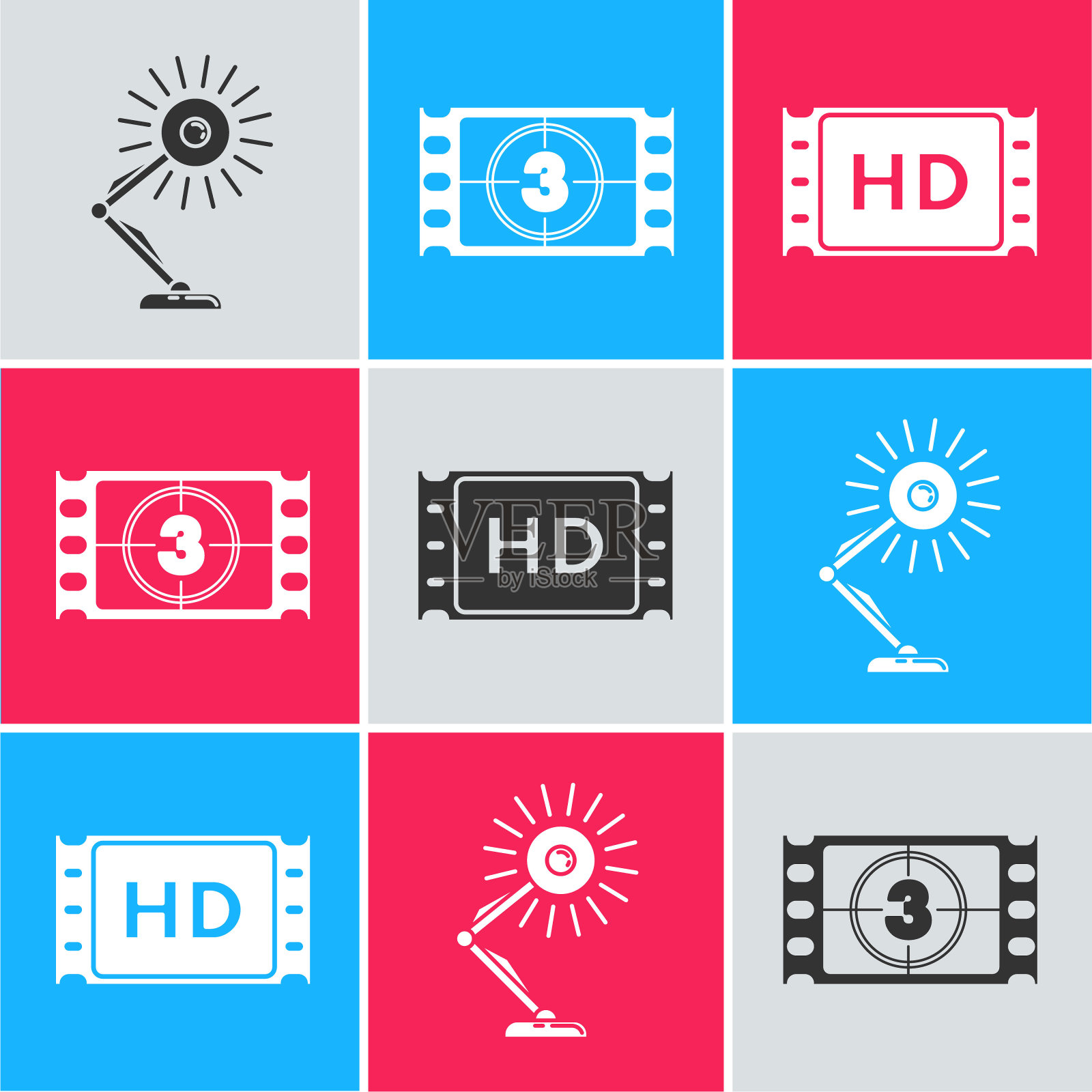 设置台灯,播放视频和4k电影,磁带,框架图标。向量插画图片素材