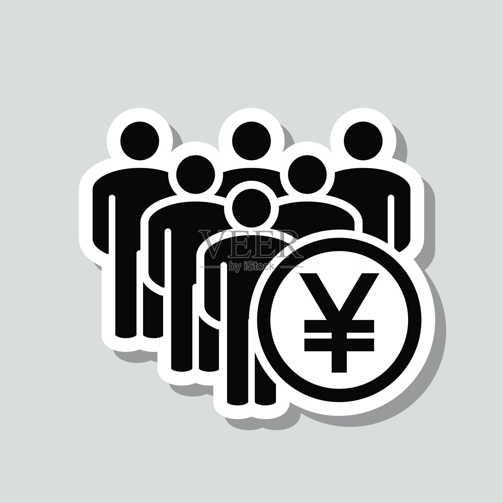 人群与日元标志。图标贴纸在灰色背景插画图片素材