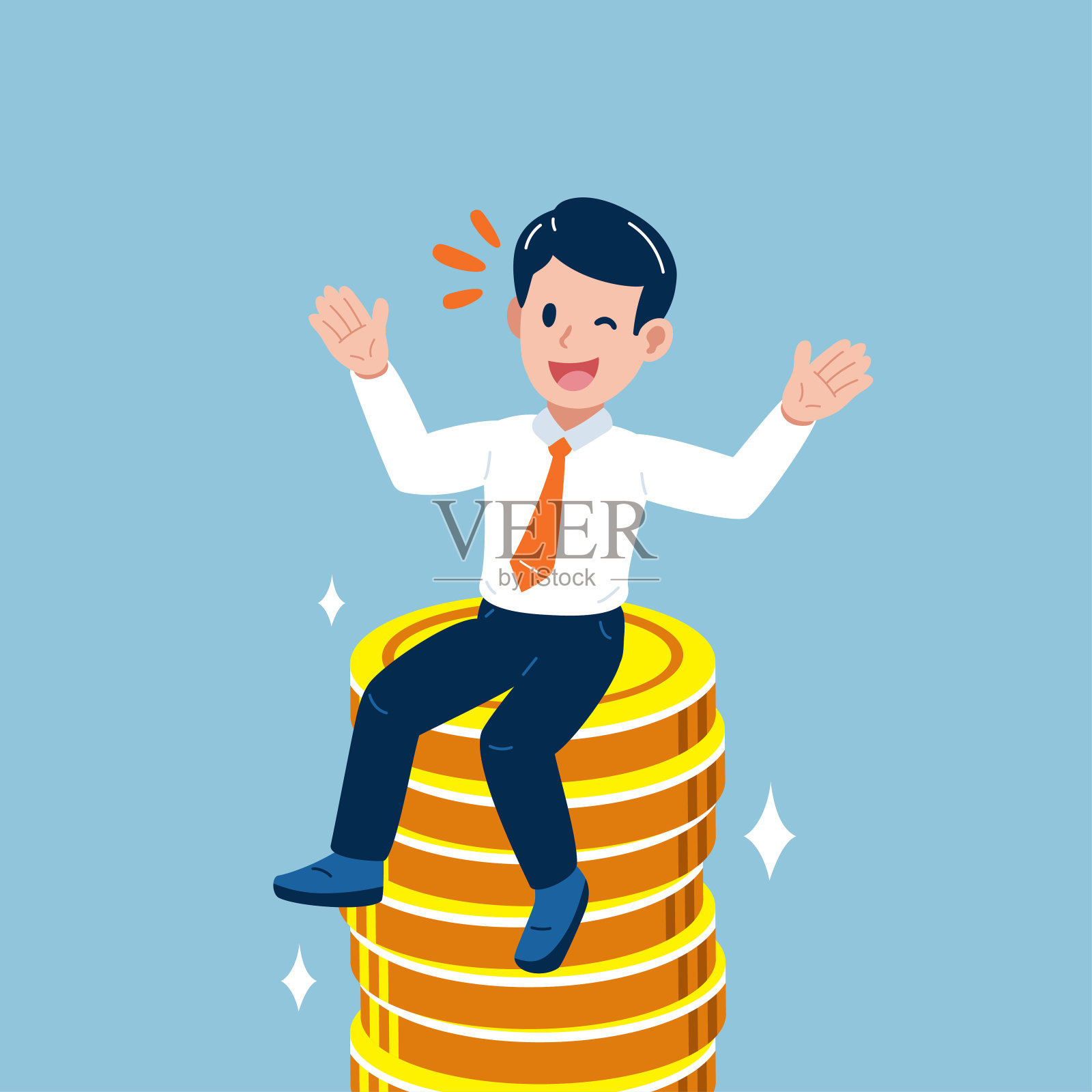 矢量卡通商业概念商人与大硬币堆栈插画图片素材