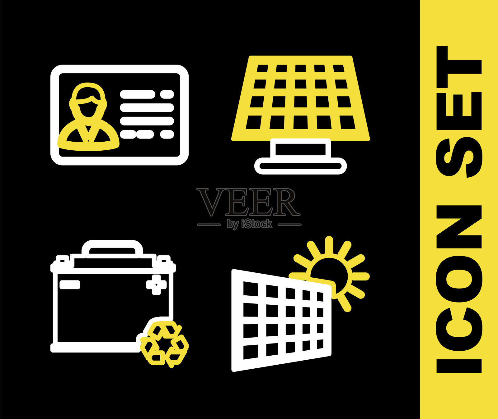 设置线太阳能电池板,太阳,汽车电池与回收和识别徽章图标。向量图标素材