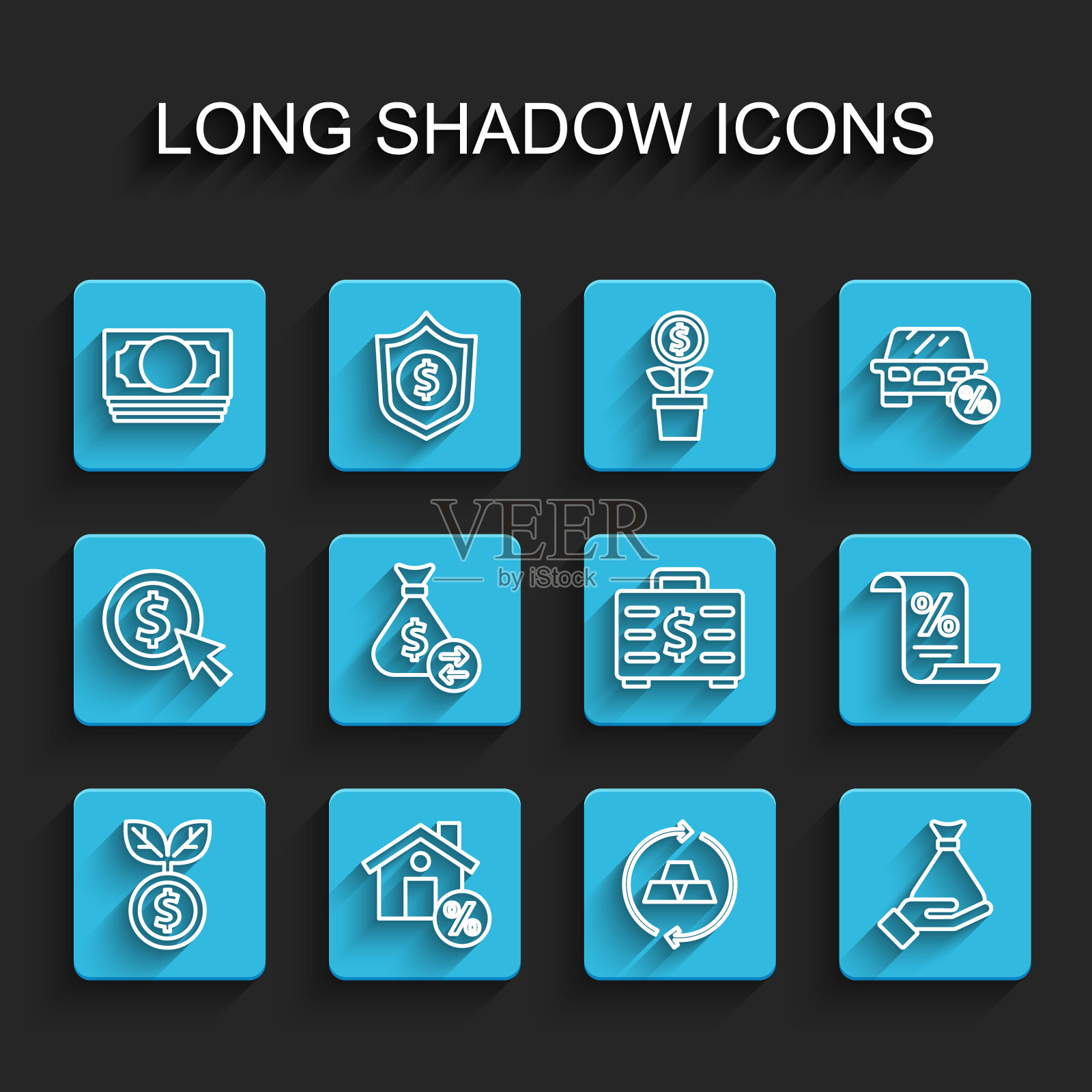 设置线美元工厂,房子有百分之百的折扣,堆栈纸币现金,金条,钱在手,包,财务文件和公文包图标。向量图标素材