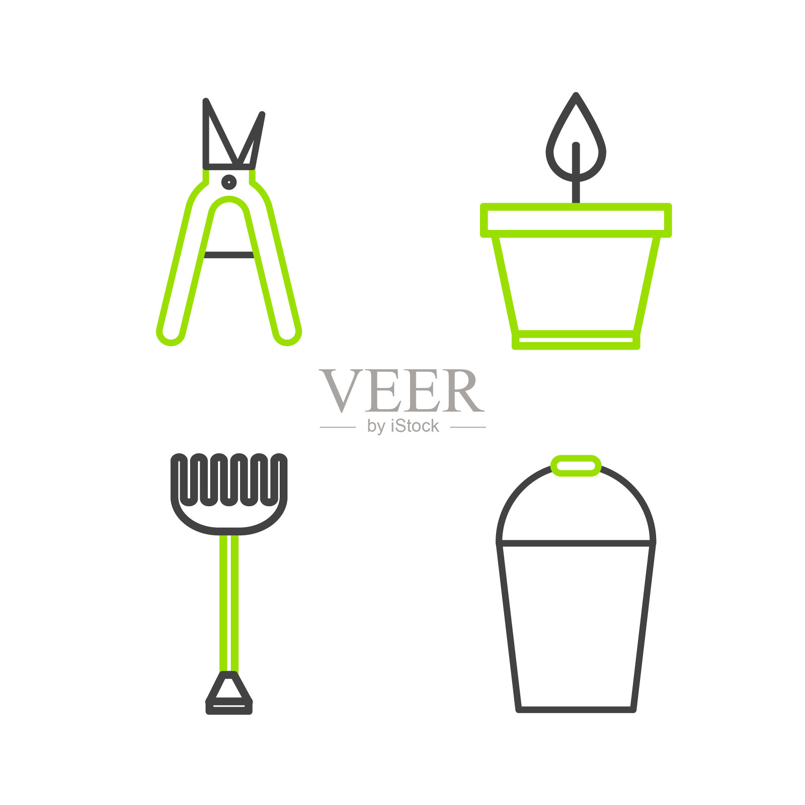 设置线桶,花园耙,植物在花盆和园艺手工剪刀图标。向量插画图片素材