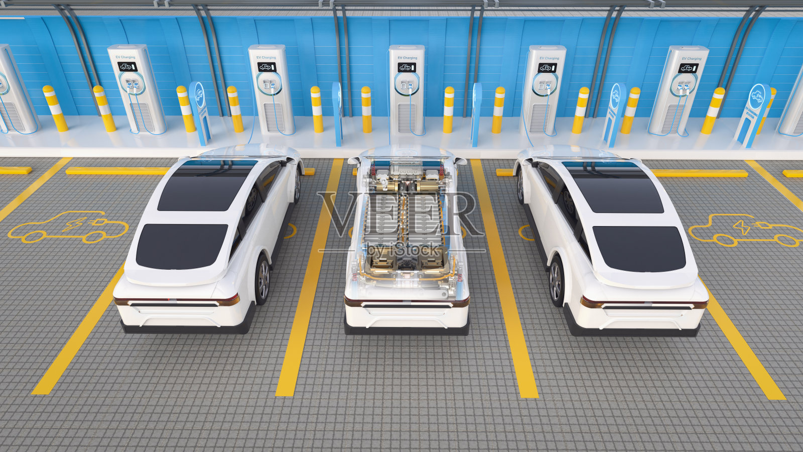 电动汽车或电动汽车充电电池插入式与充电站照片摄影图片