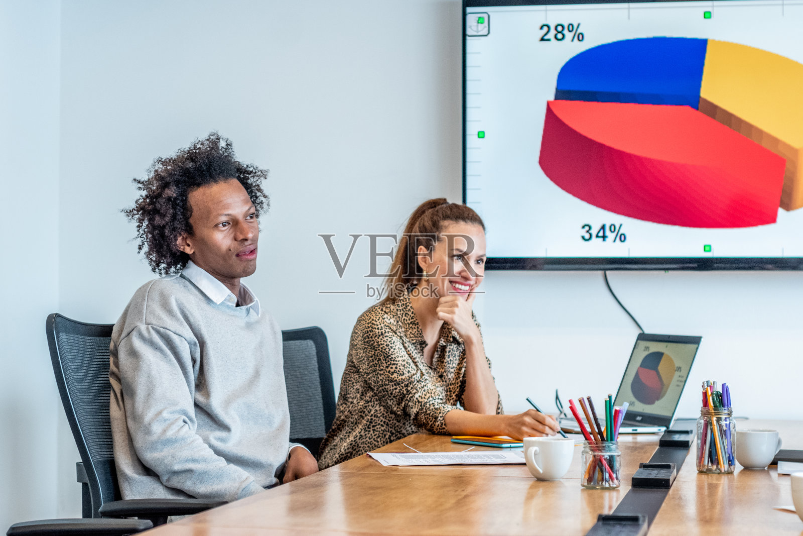 同事们在办公室开会或做报告时谈话照片摄影图片