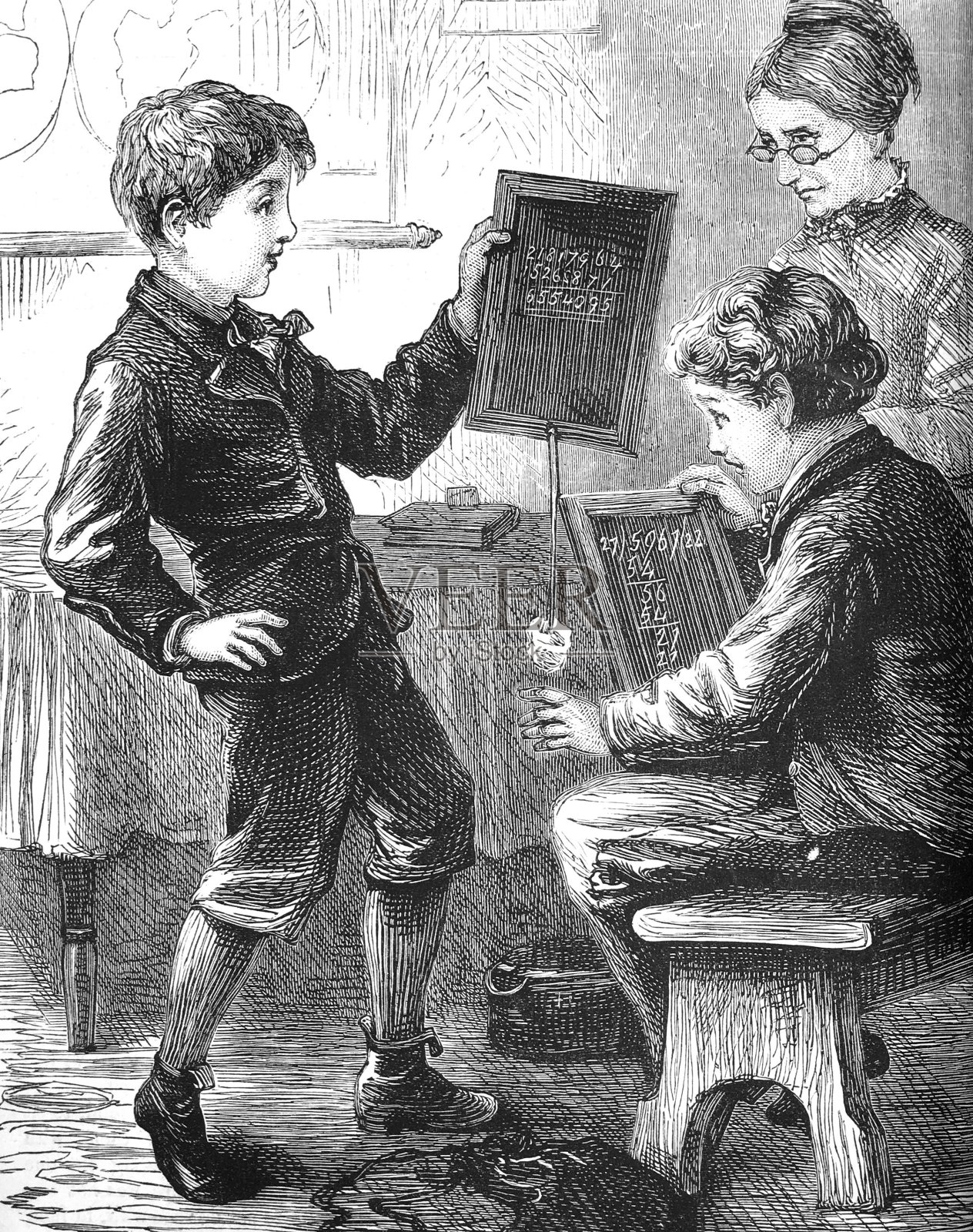 老师和两个男孩在学校里用石板计算插画图片素材