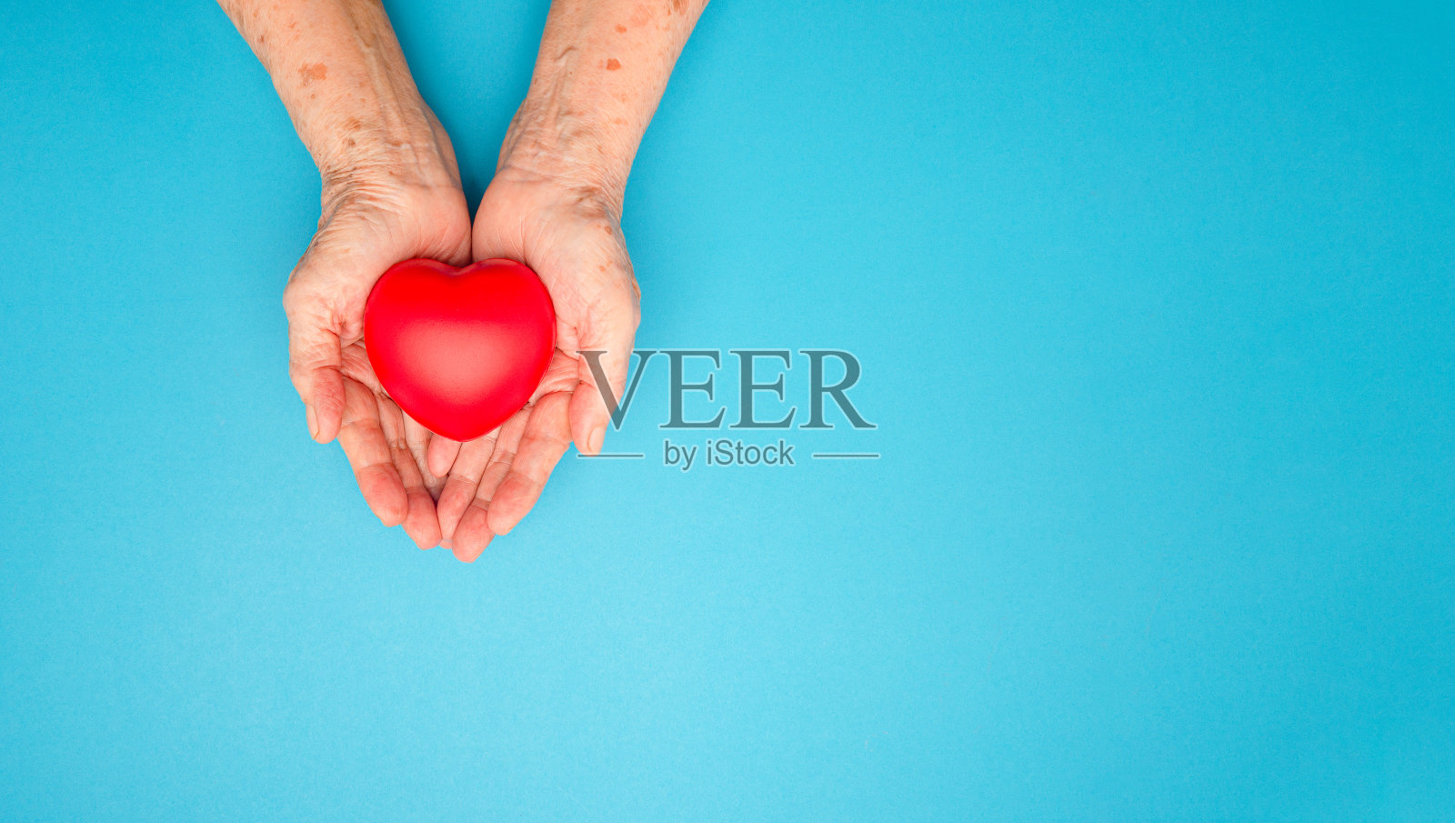手掌上的红心俯视图是浅蓝色背景上的高级女性照片摄影图片