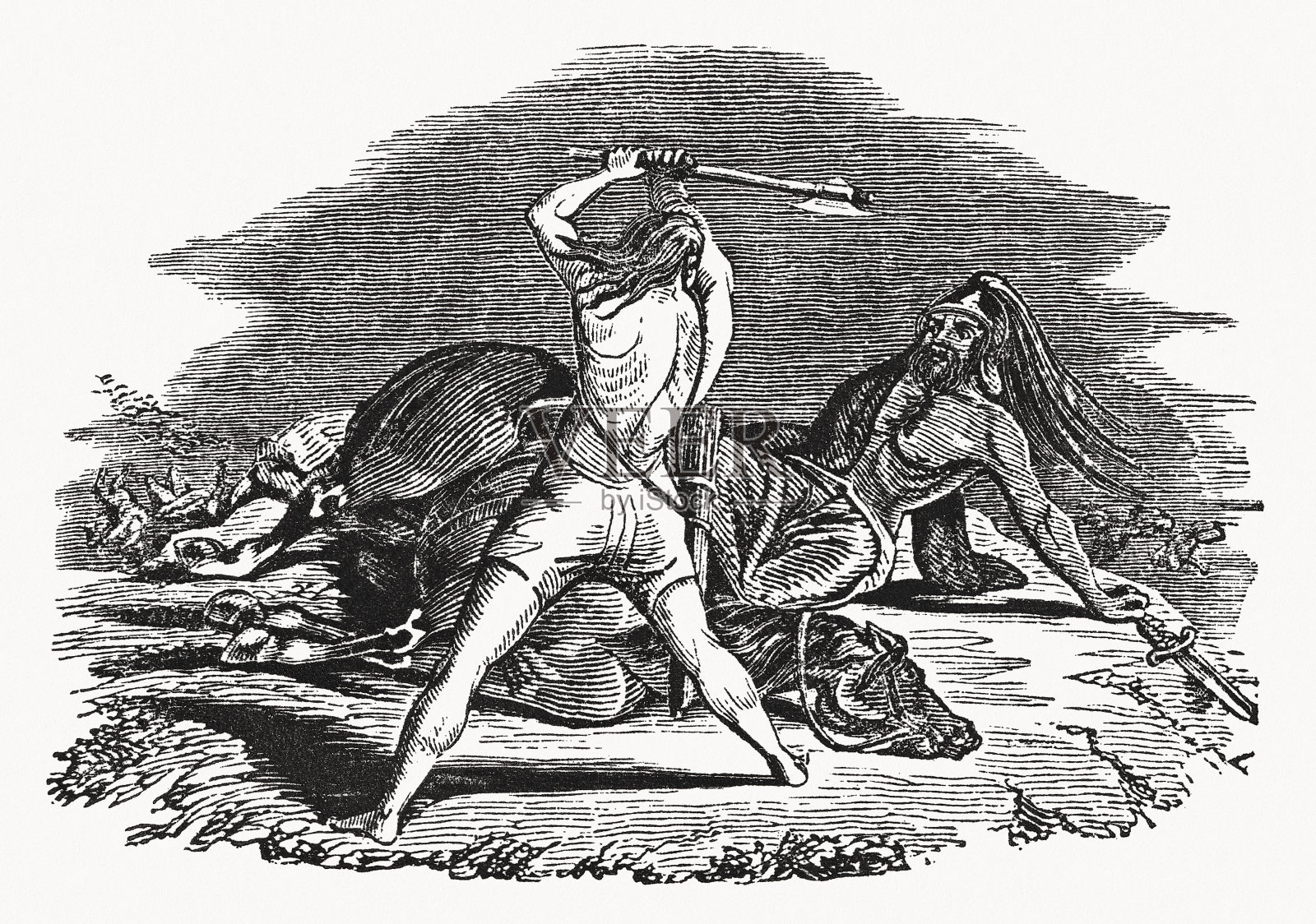 犹大·马加比杀死阿波罗尼乌斯(1马加比3),木刻,1835年出版插画图片素材