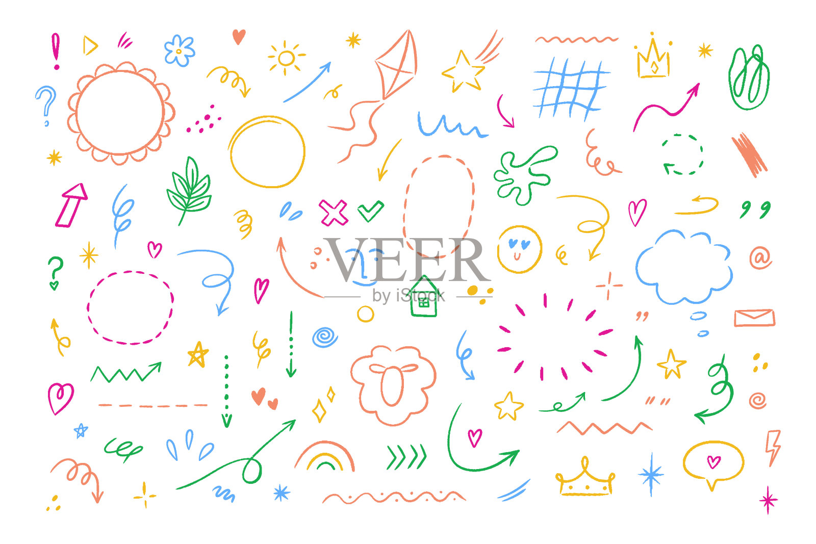 素描线条简单元素如云、星、心形等。手绘简单元素集。在白色背景上隔离的涂鸦矢量插图。插画图片素材