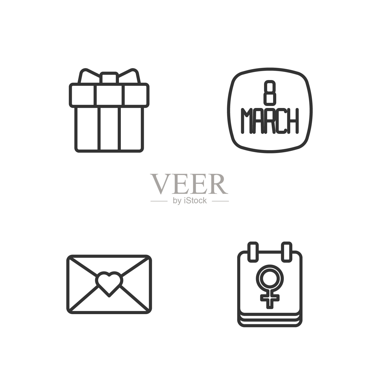 设置线日历与3月8日,信封,礼盒和心形和图标。向量图标素材