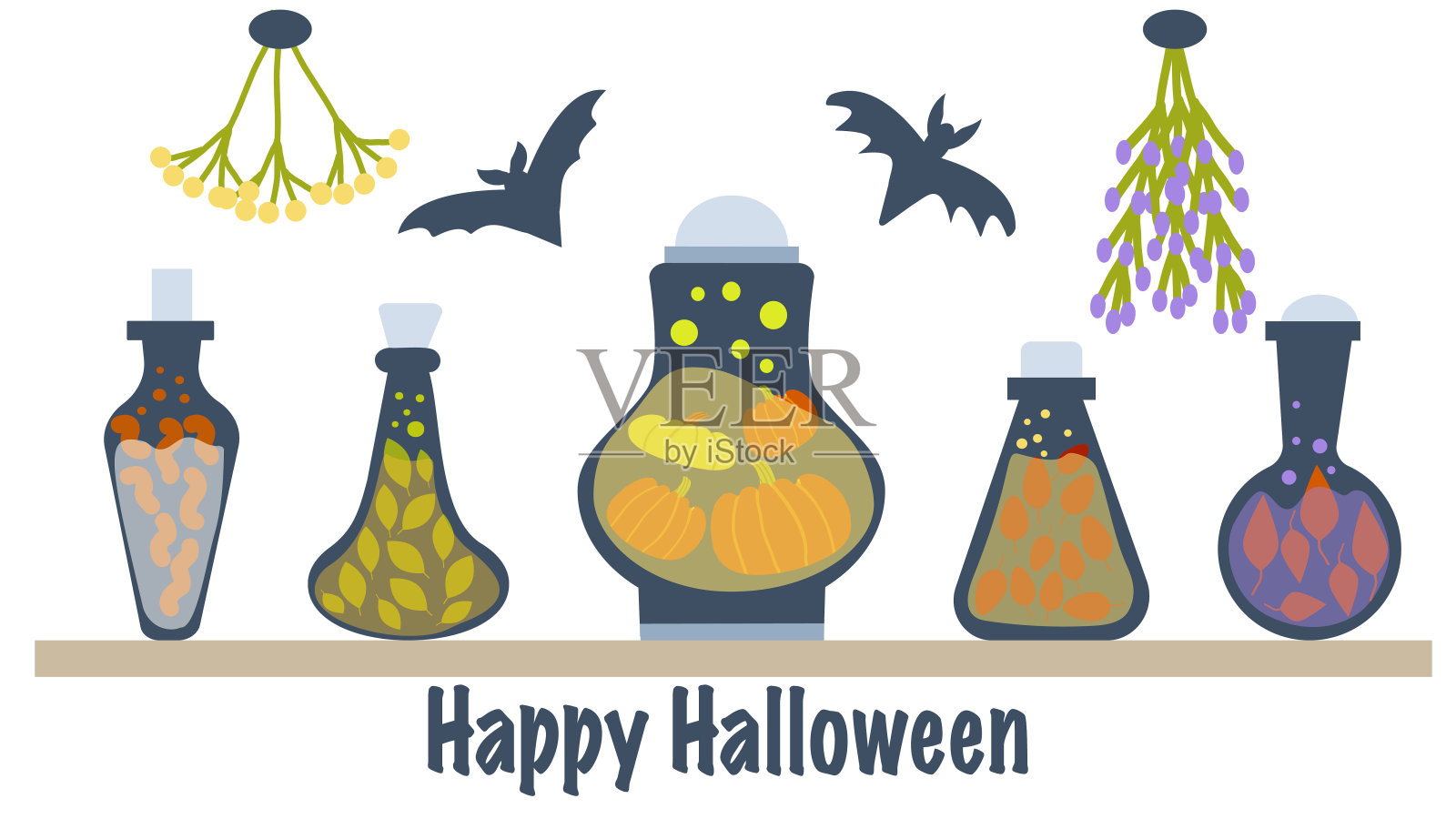 万圣节装饰。一个旧的炼金术实验室的架子与旧的化学烧瓶,和束干草药和蝙蝠矢量插图是手绘在平面涂鸦的风格。插画图片素材