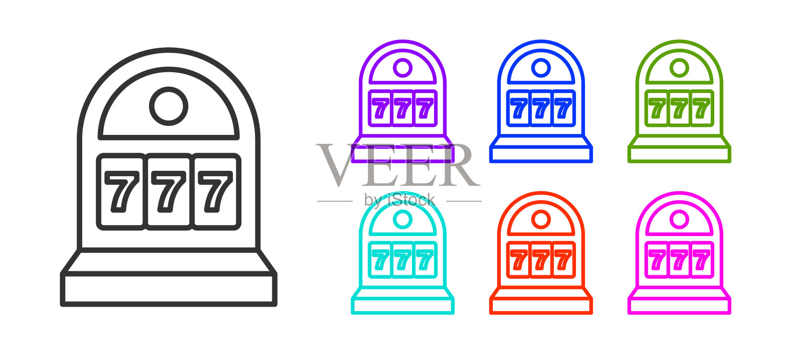 黑线老虎机与幸运七累积奖金图标隔离在白色背景。设置图标彩色。向量插画图片素材