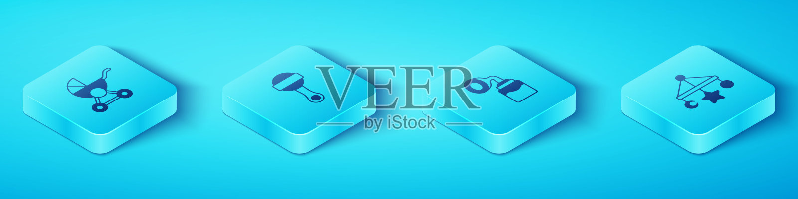 集等距婴儿车,摇铃婴儿玩具,婴儿床挂玩具和乳房泵图标。向量插画图片素材