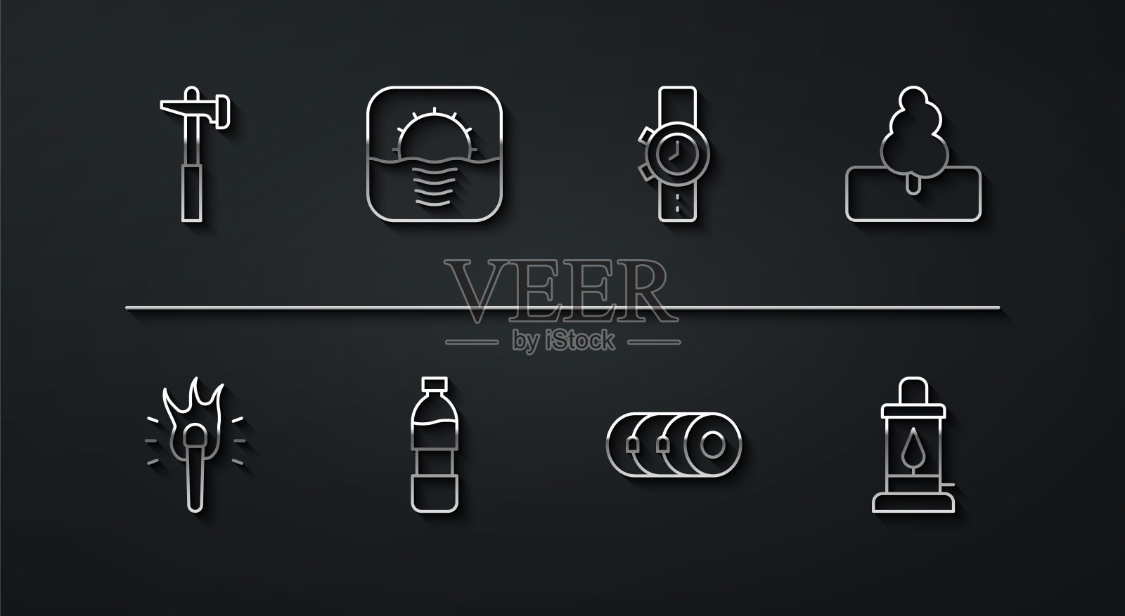 集线锤,火炬火焰,树,毯子卷,瓶装水,日出,露营灯和手表图标。向量图标素材