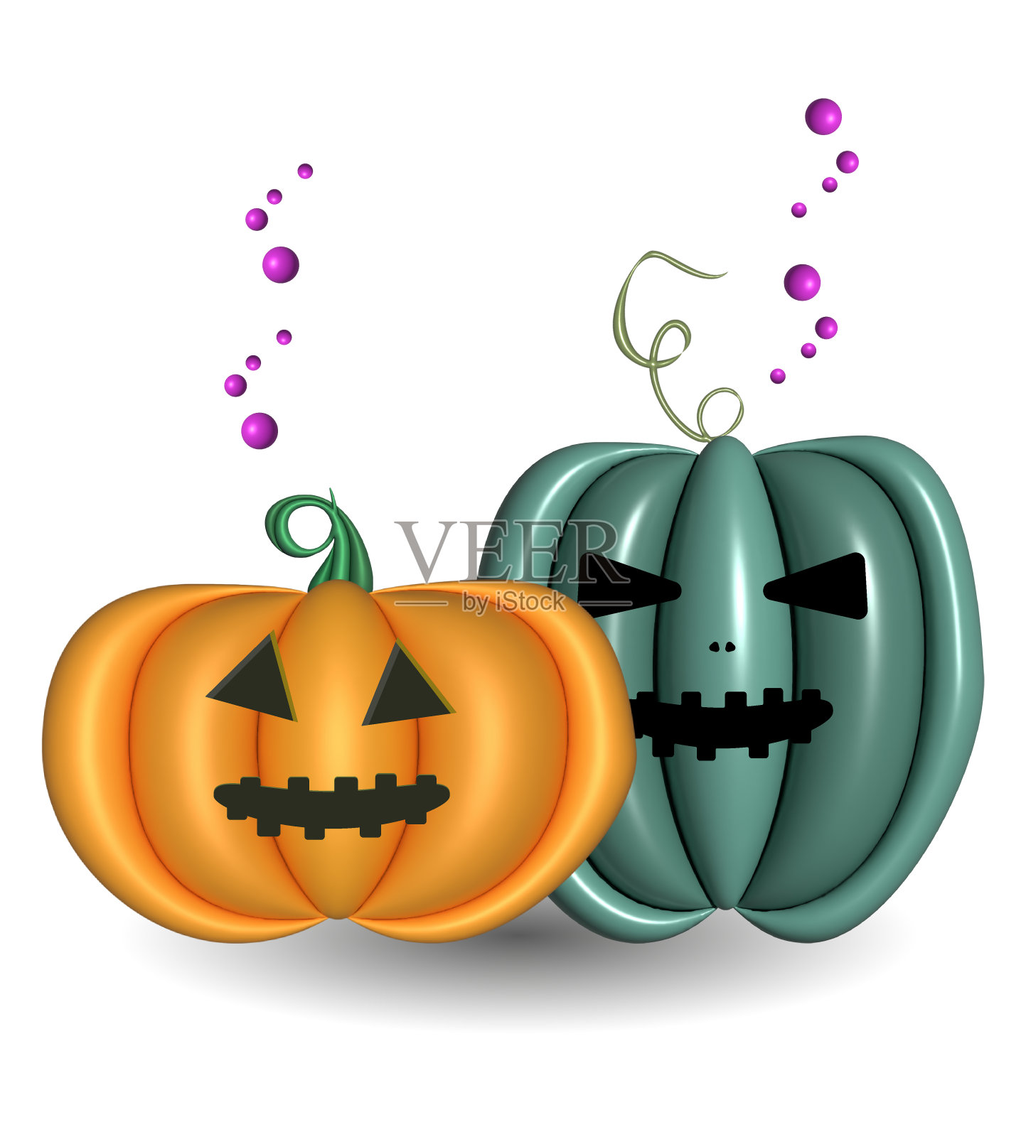 橙色和蓝色的南瓜带着可怕的微笑。万圣节3d插图白色背景照片摄影图片