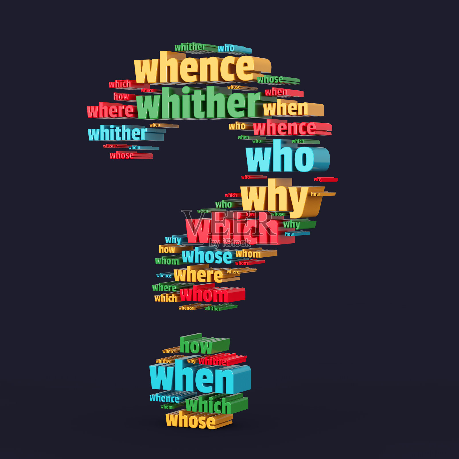 问号形状的疑问词。3d渲染照片摄影图片