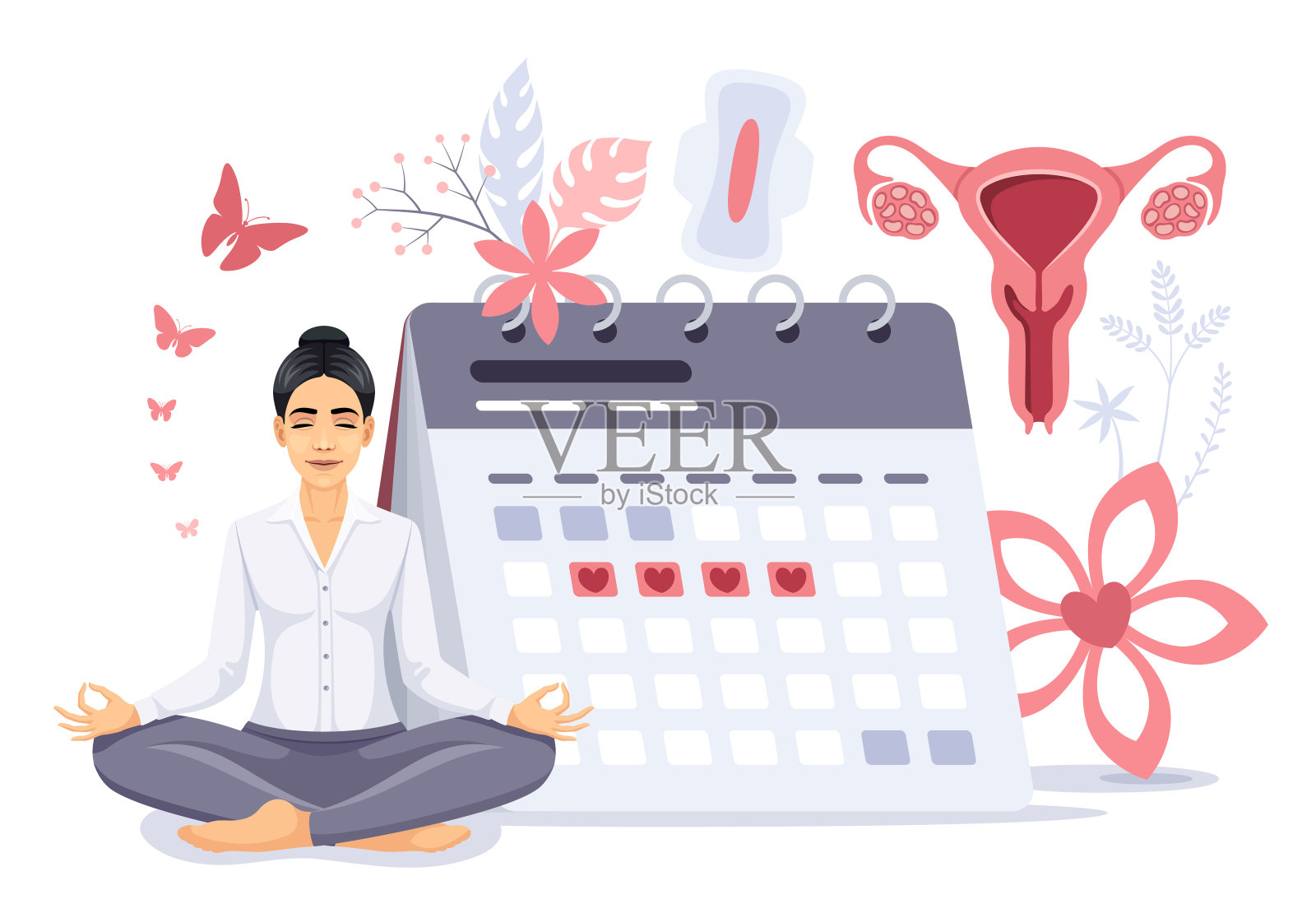 妇女健康医疗理念。月经日历。 月经的控制。冷静的女性角色以莲花的姿势坐着。插画图片素材