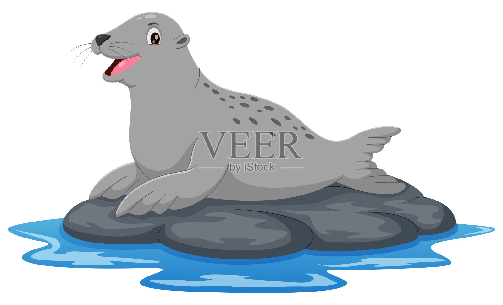 卡通海狮在岩石上孤立的白色背景。矢量图插画图片素材