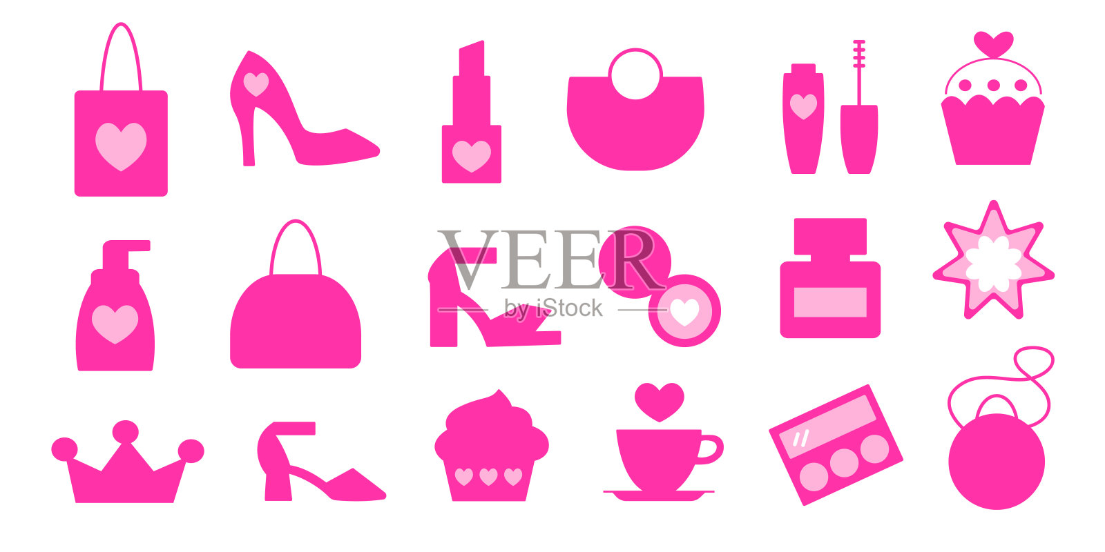 美容配件粉红色图标集。女孩工具包。娃娃公主设计元素集合。女婴,女人少女设计元素集插画图片素材