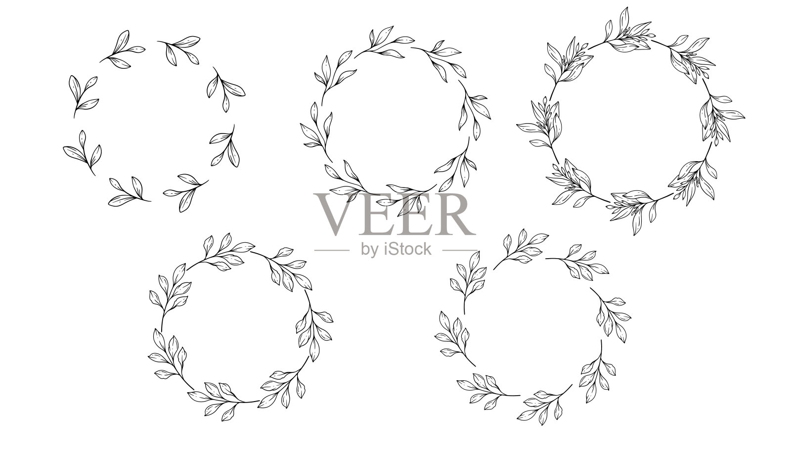 花卉框架线艺术,细线绿色框架手绘插图。勾勒叶和花。插画图片素材