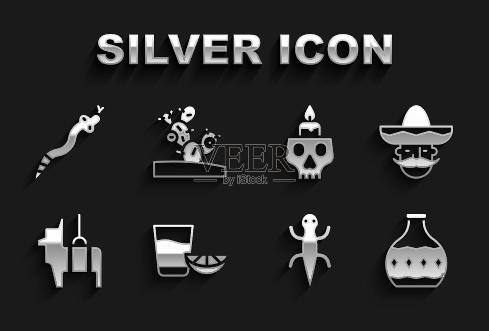 集龙舌兰酒玻璃杯柠檬,墨西哥人宽边帽,瓶子,蜥蜴,皮纳塔,燃烧蜡烛头骨,蛇和仙人掌图标。向量图标素材