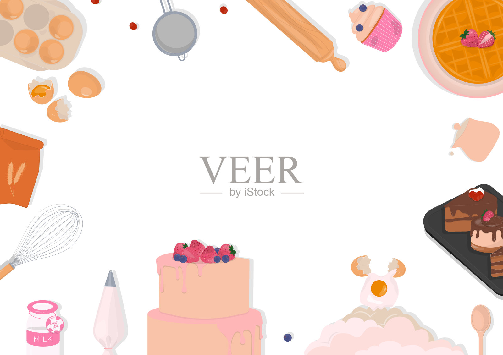 白色背景上的蛋糕和烘焙原料插画图片素材