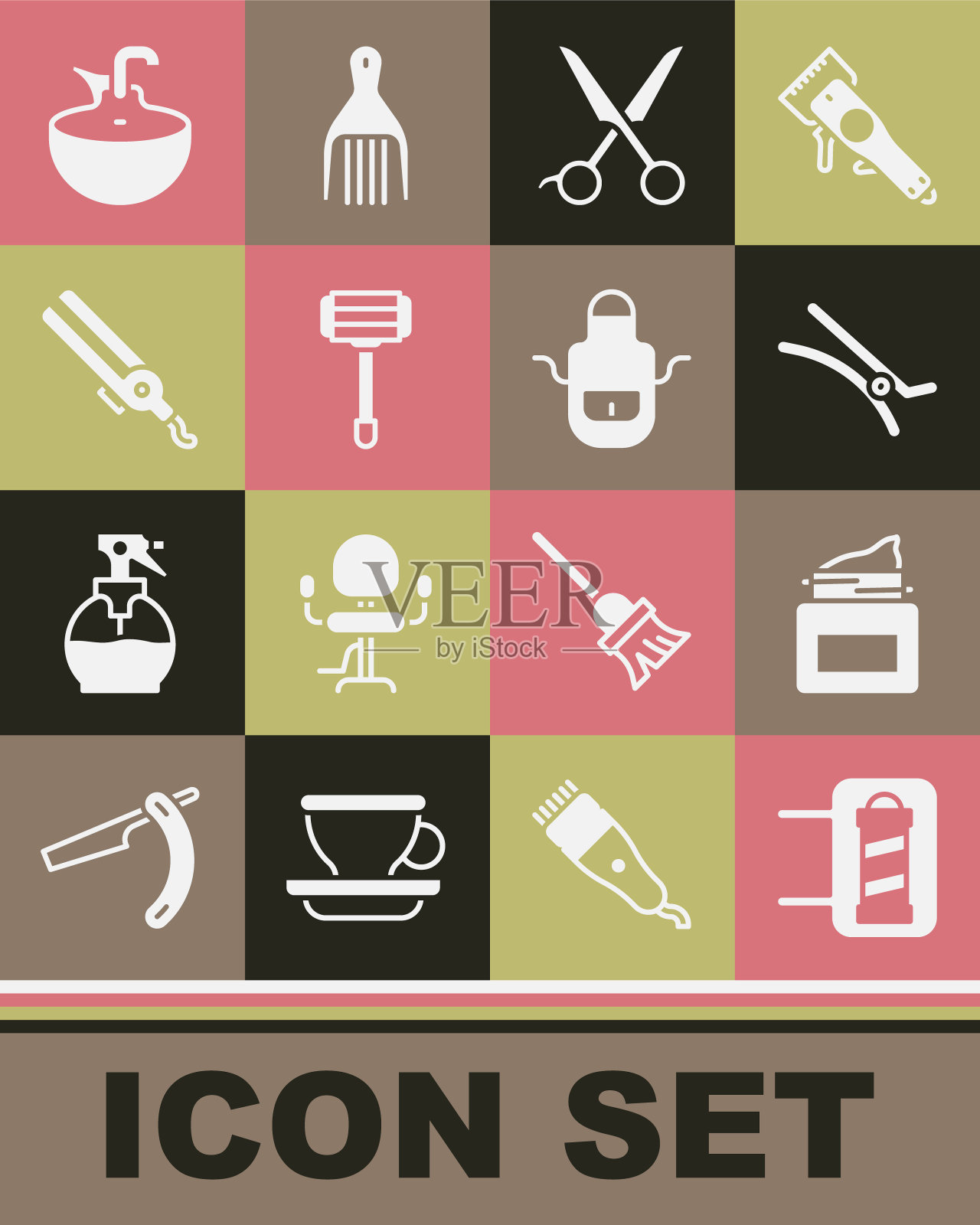 集理发店杆,奶油化妆品罐,发夹,剪刀理发师,剃须刀,卷发器,脸盆和围裙图标。向量图标素材