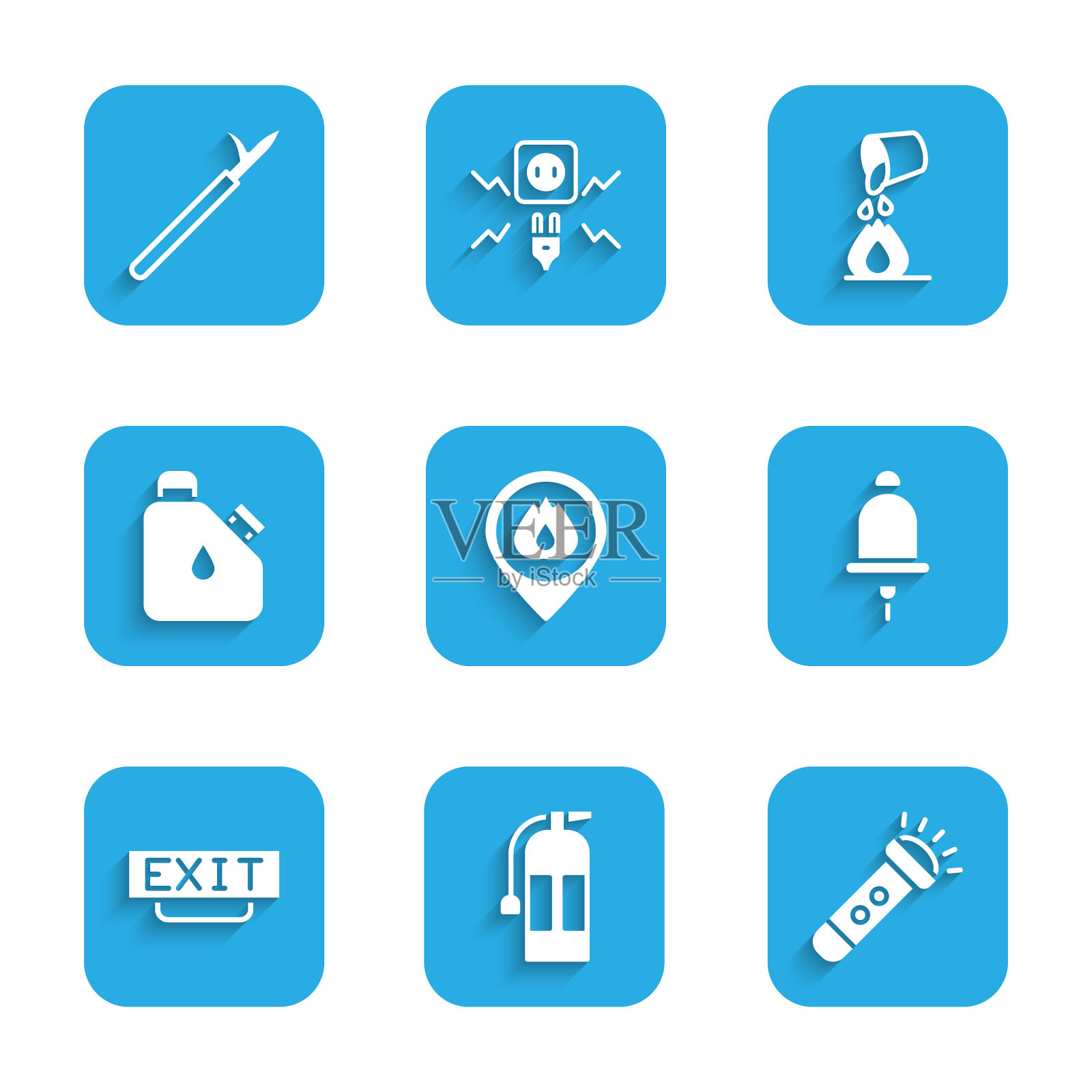 设置位置与火焰,灭火器,手电筒,响警铃,出口,罐燃料,桶灭火和金属杆图标。向量图标素材