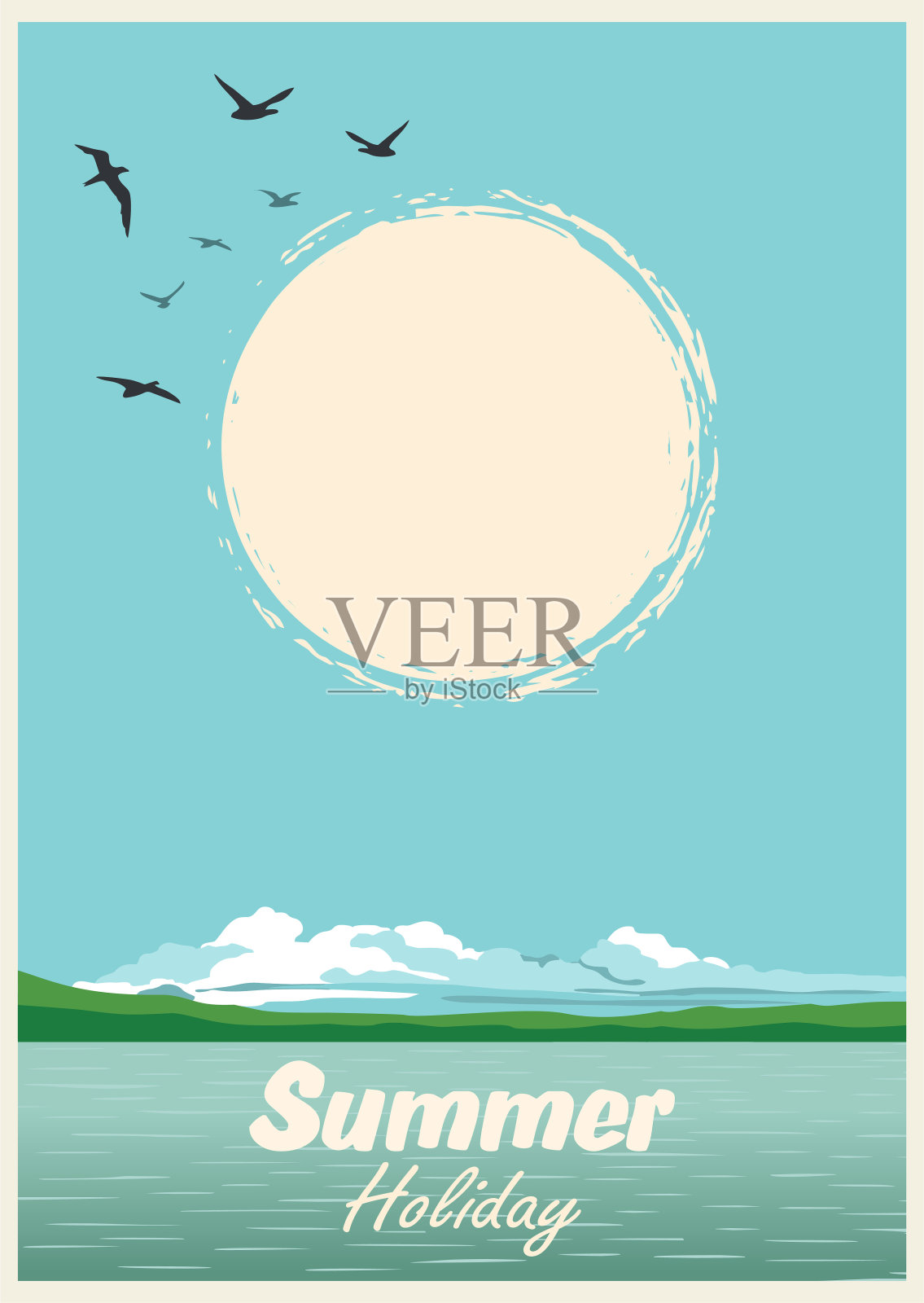 夏季热带日落与太阳在天空。复古的背景插画图片素材