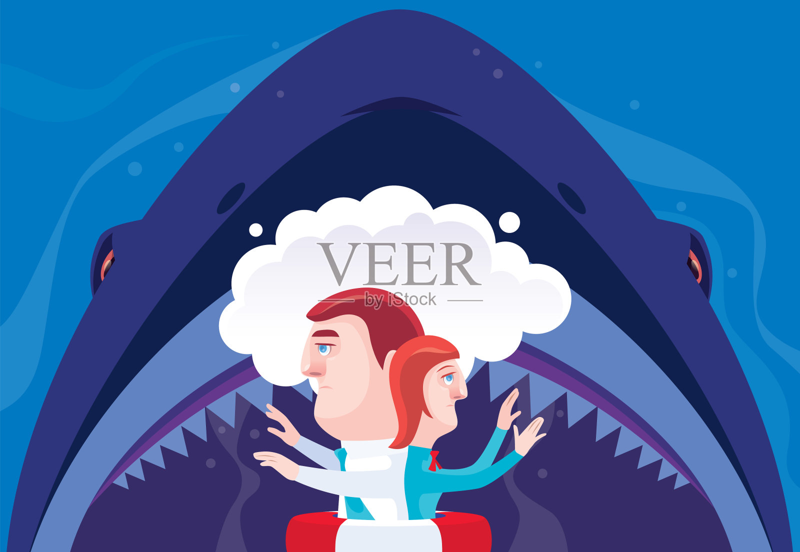 商业夫妇在雾中迷失了方向,而大鲨鱼攻击插画图片素材