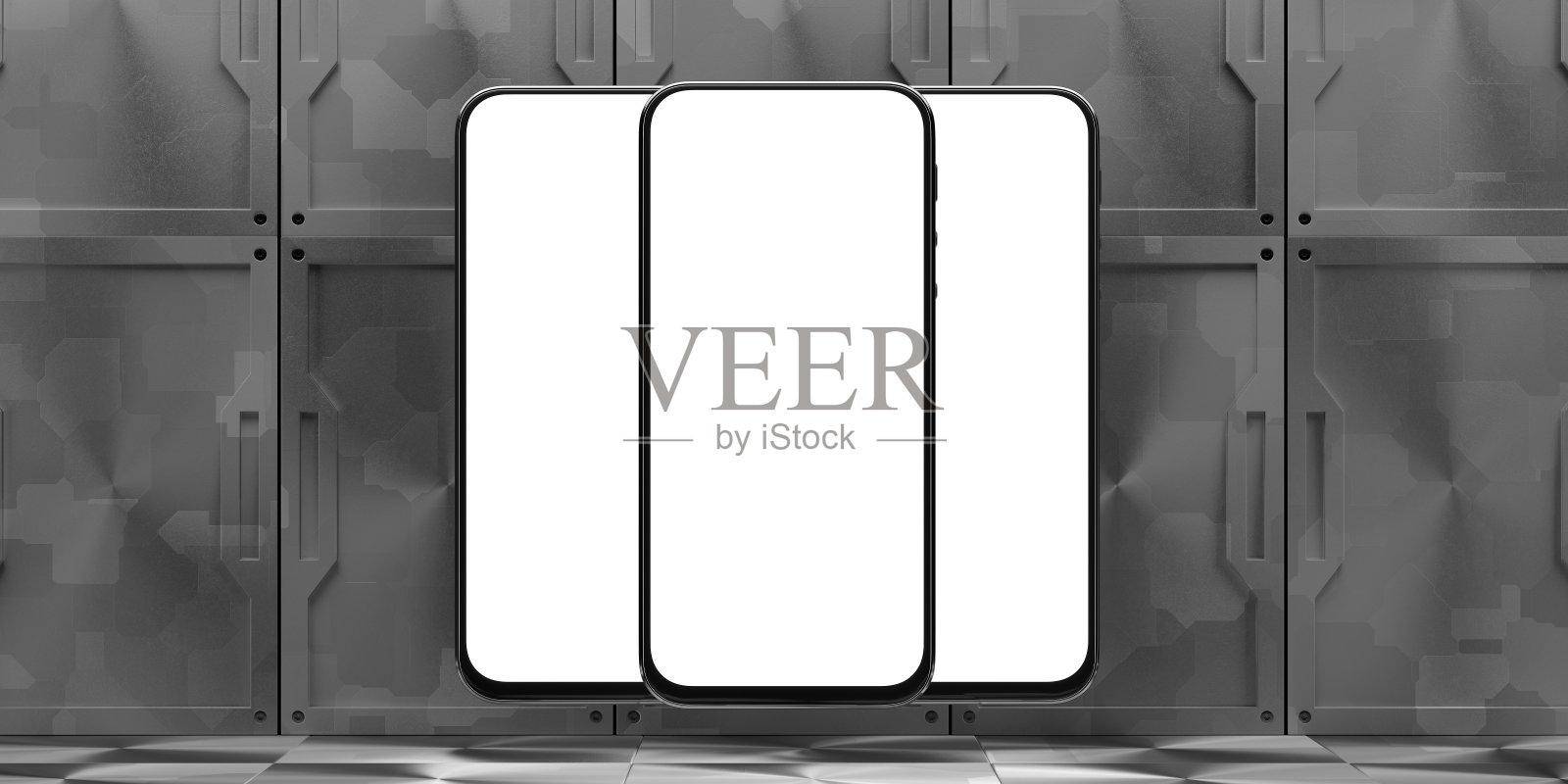 灰色背景上三部智能手机的模型。白色手机屏幕为您设计。3 d渲染。照片摄影图片