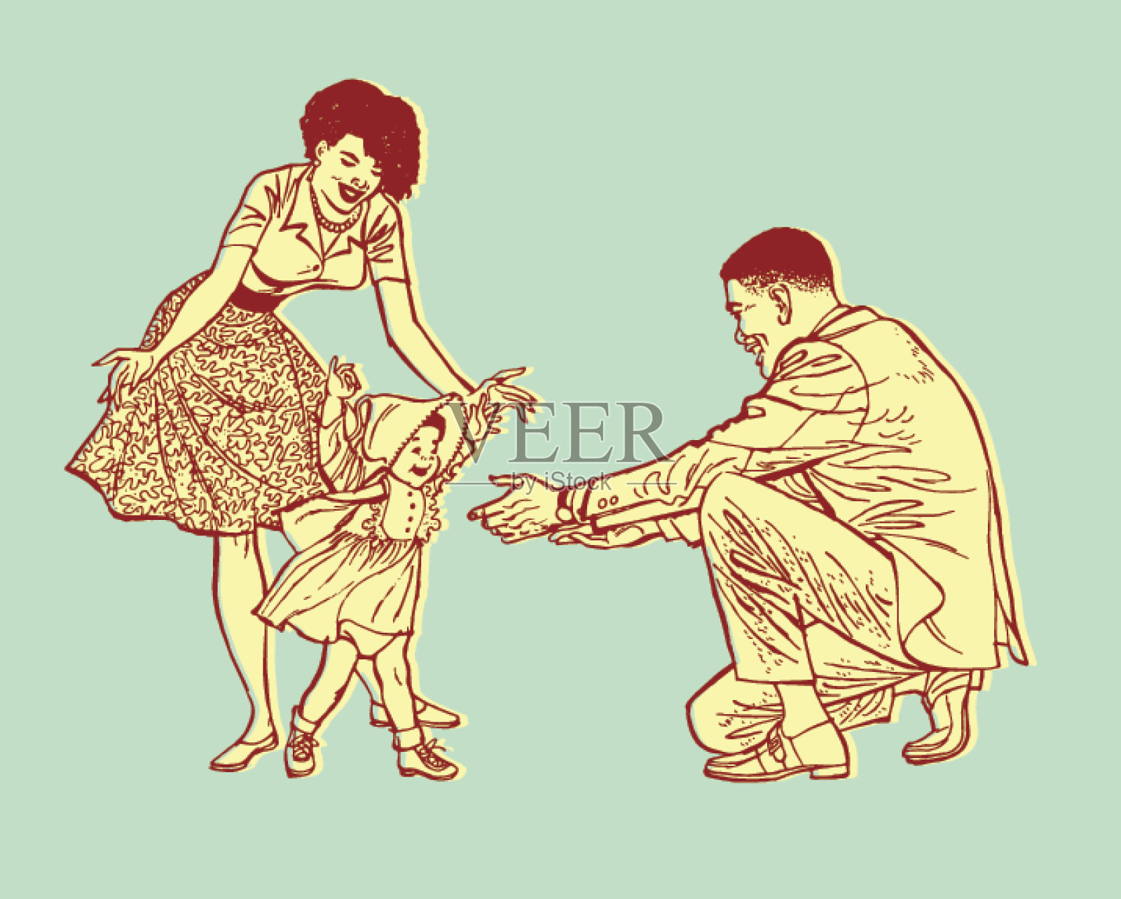 蹒跚学步的孩子走向父亲插画图片素材