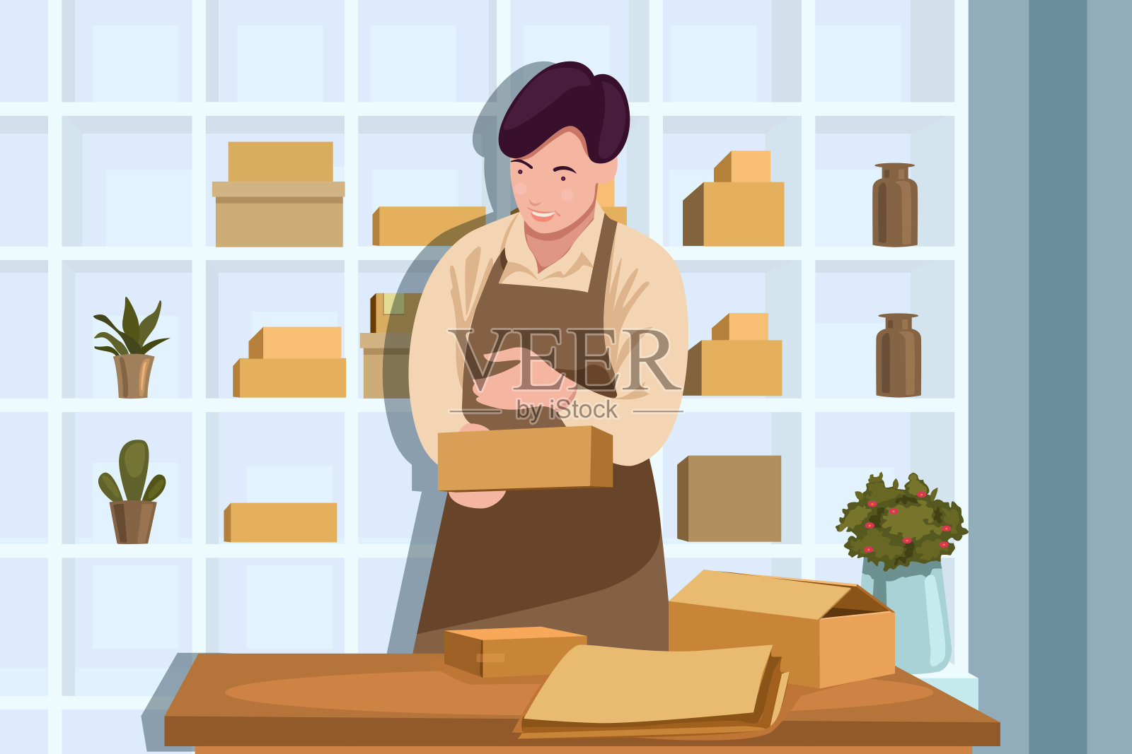 美丽的年轻商人在办公室工作插画图片素材